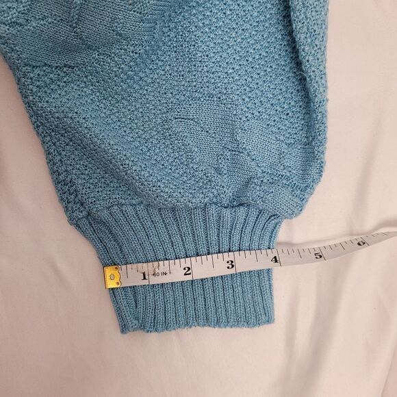 VINTAGE 90s blue‎ sweater floral intarsia short sleeve fitted waist S - Picture 8 of 8